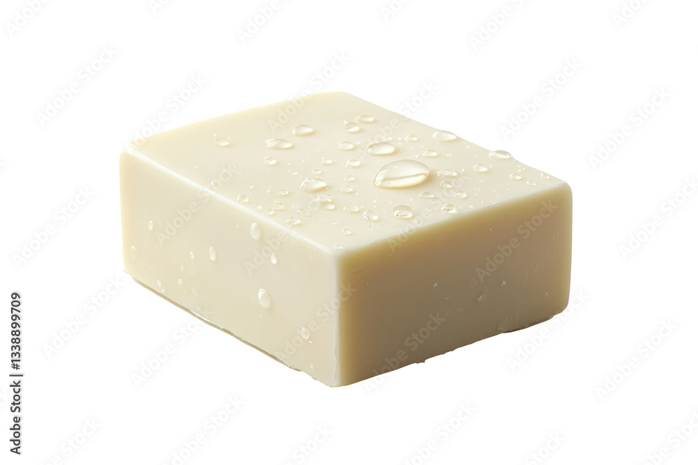 Natural bar of soap with water droplets on a clean surface in bright lighting