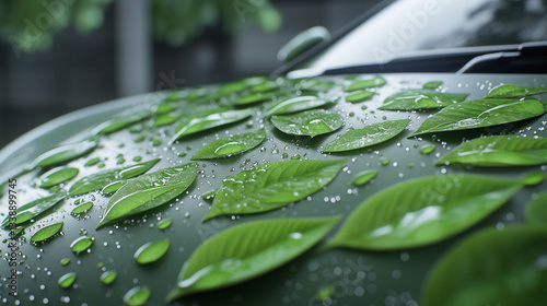 A detailed close-up of a carâs hood made from fresh green leaves, with droplets of morning dew glistening under the sunlight, symbolizing nature-driven innovation.
