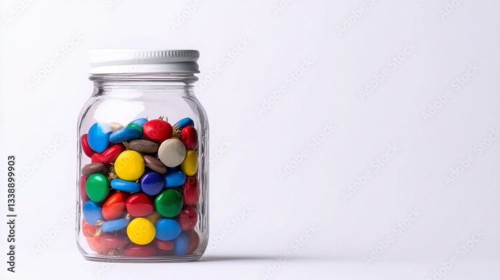 Colorful Candies in Clear Glass Jar on White Background Colorful Candies in Clear Glass Jar on White Background