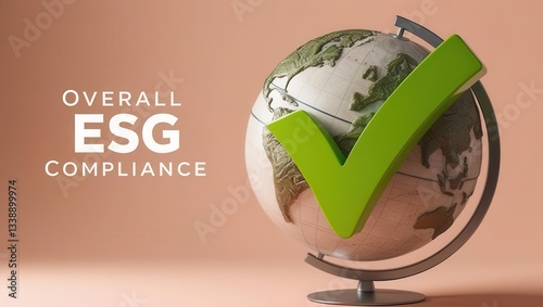 ESG 3D concept. Globe symbolizing ESG compliance with a checkmark and text beside it.