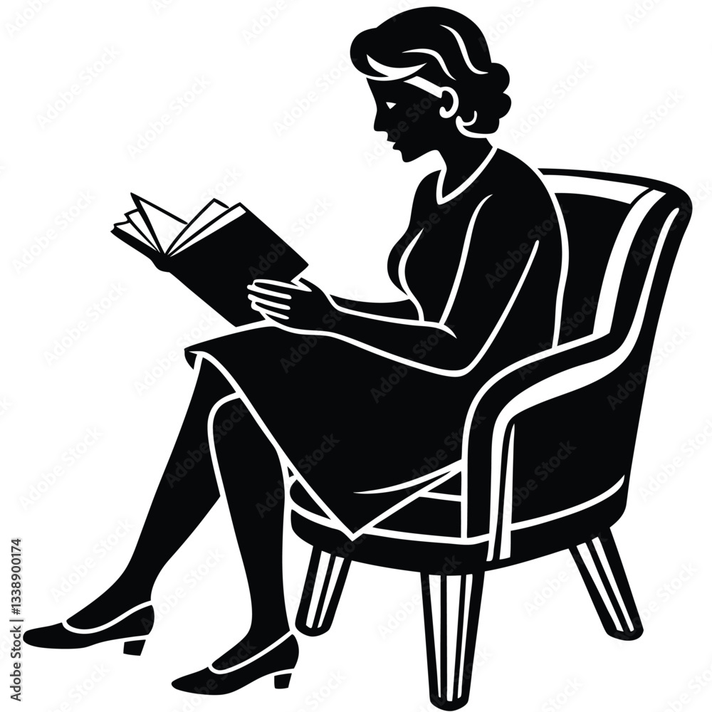Silhouette of a Female reading a book while sitting comfortably in an armchair Silhouette of a Female reading a book while sitting comfortably in an armchair