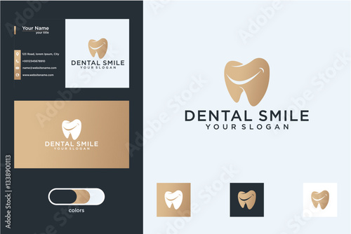 Gold Tooth Smile Logo Design with Business Card Mockup