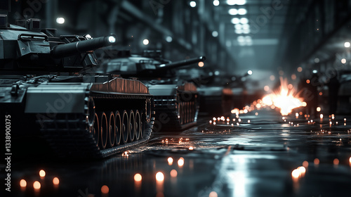 A row of partially assembled tanks in a dimly lit factory, with sparks flying from welding as workers reinforce thick steel armor.