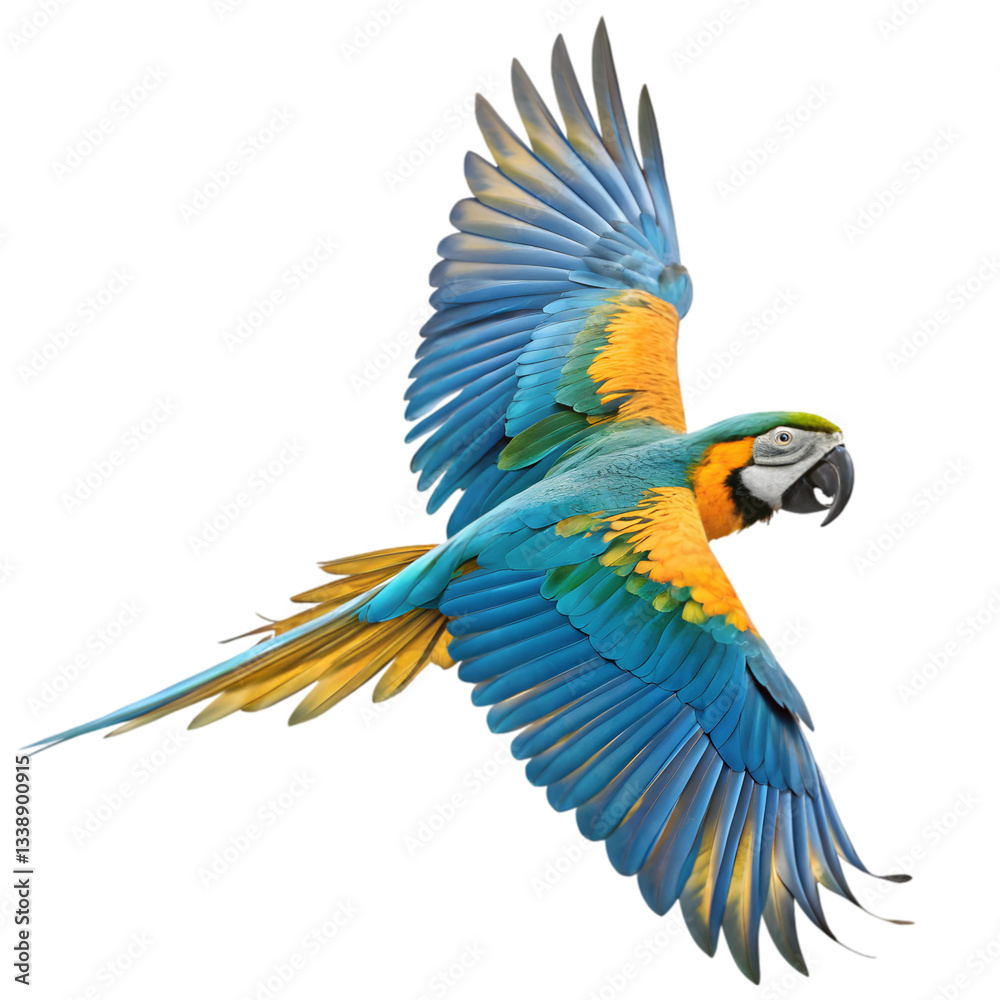 Fototapeta premium Blue-Gold Macaw in Flight on transparent background