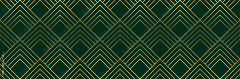 Emerald green and gradient gold art deco seamless vector repeat pattern banner design, elegant dark horizontal background design