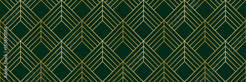 Emerald green and gradient gold art deco seamless vector repeat pattern banner design, elegant dark horizontal background design