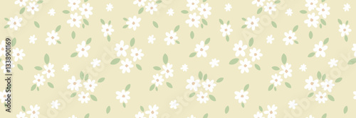 Vintage ditsy daisy floral vector banner, seamless repeating pattern design