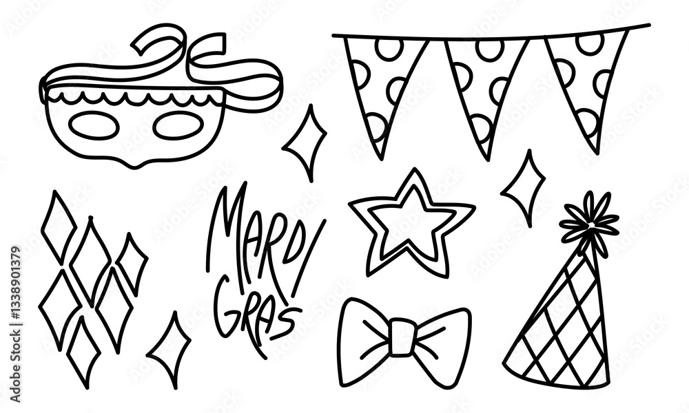 Fototapeta premium set of festive elements using a mask, flags, confetti, a butterfly, a hat. Mardi Gras. Decorations for parties, holidays, advertisements and products related to various celebrations and special events