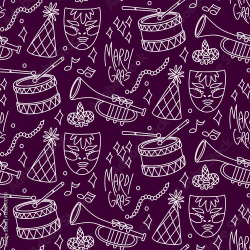Mardi Gras doodle pattern on purple. Texture of inscriptions, masks, musical instruments, hats, beads, confetti. for advertising campaign products, decorations related to carnival celebrations, events