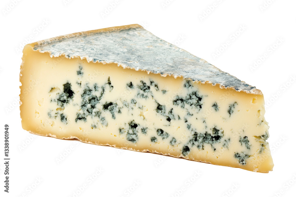 Delicious blue cheese wedge on white background with rich texture and flavor