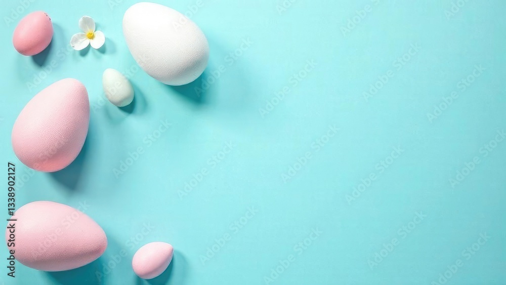 Flat lay Easter eggs Banner with copy space. Decoration in pastel colors of pink and white are placed on a light blue backdrop with empty place for text , creating a festive spring atmosphere Flat lay Easter eggs Banner with copy space. Decoration in pastel colors of pink and white are placed on a light blue backdrop with empty place for text , creating a festive spring atmosphere