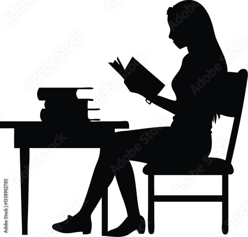 A Girl Reading book on the sitting chair in front of reading table vector silhouette