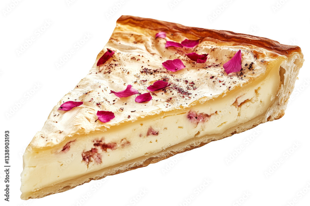 Creamy dessert slice topped with petals in a simple yet elegant arrangement
