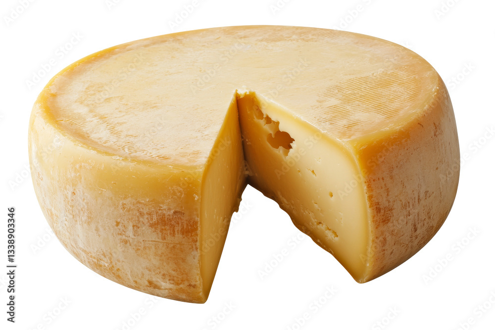 Cheese wheel with a slice removed and a smooth yellow surface on a neutral background