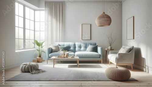 Blue sofa and chair against floor to ceiling window with forest view. Scandinavian home interior design of modern living room