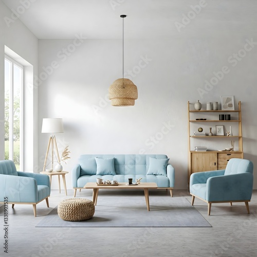 Blue sofa and chair against floor to ceiling window with forest view. Scandinavian home interior design of modern living room