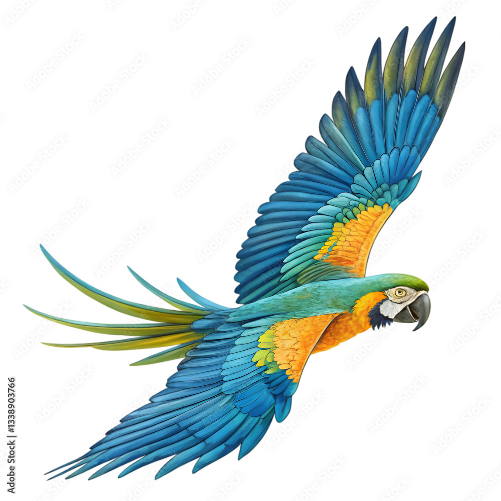 Fototapeta premium Blue-Gold Macaw in Flight on transparent background