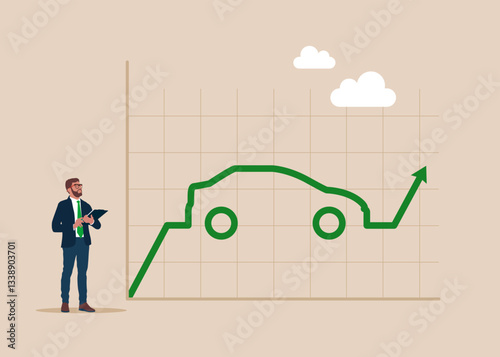 Rising car sales. Transport investment, price auto. Decrease home loan interest rates on car, investments. Automotive market is up. Flat vector illustration
