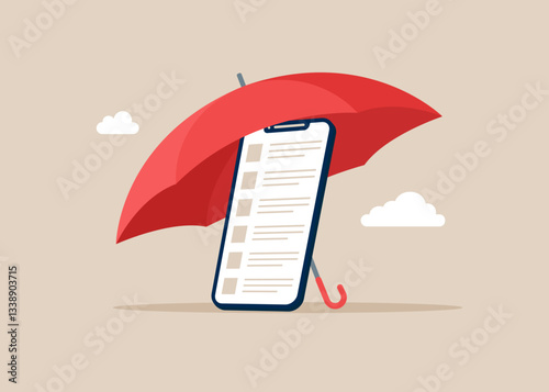 Smartphone under umbrella. Warranty and support service. Flat vector illustration