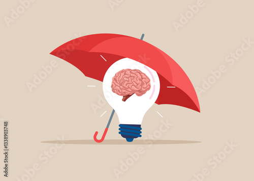 Light bulb with human brain under the insurance umbrella. Flat modern vector illustration