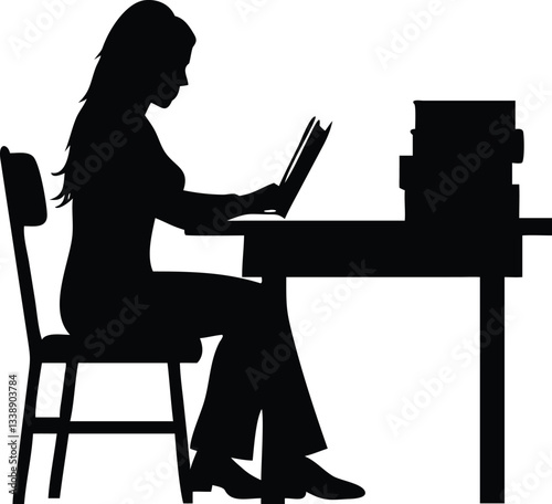 a girl reading book on the sitting chair in front of reading table silhouette