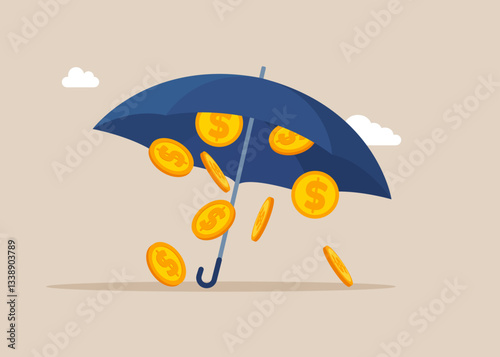 Dollar coins under umbrella. Business income protection. Bank deposit protection, retirement savings. Modern flat vector illustration. 