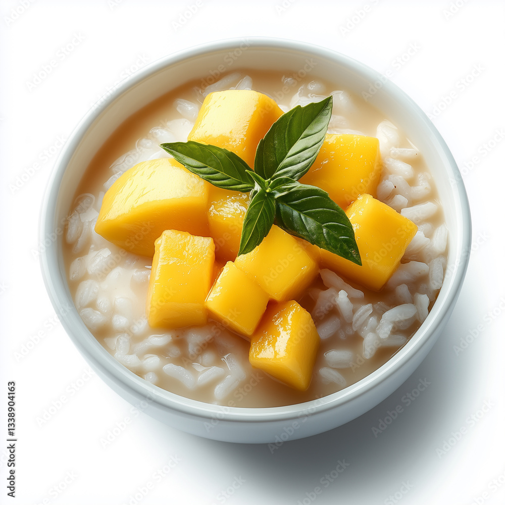 Delicious Thai mango sticky rice with coconut cream served in a bowl Delicious Thai mango sticky rice with coconut cream served in a bowl