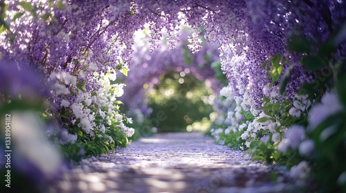 Wisteria Tunnel: A mesmerizing tunnel of cascading wisteria blooms creates a captivating path, offering a serene escape. The scene exudes a fairy-tale ambiance.
