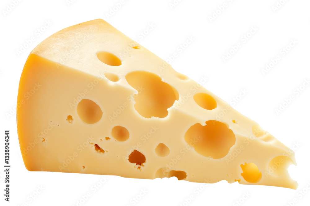 Delicious cheddar cheese slice with holes viewed against a white background