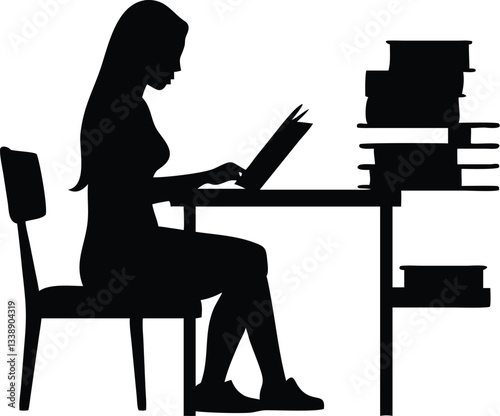 a girl reading book on the sitting chair in front of reading table silhouette