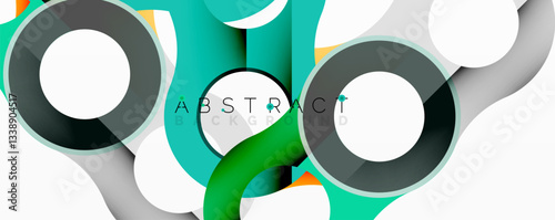 Abstract circle element composition with overlapping circular and tubular shapes featuring smooth gradients, transparency effects, and dynamic layering