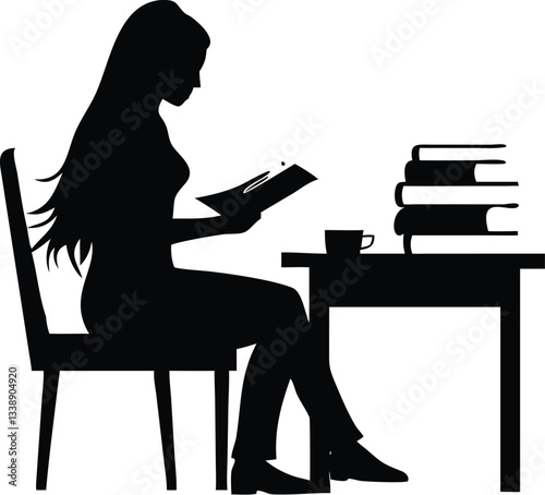 Woman Reading A Book At The Table silhouette