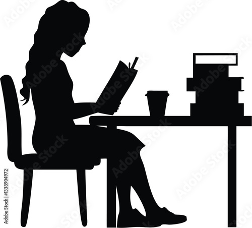 Woman Reading A Book At The Table silhouette