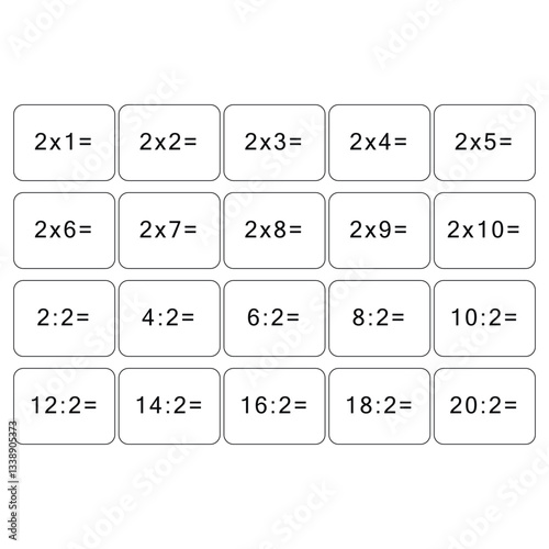 Multiplication and division table of 2. Maths card with an example, drawing. Multiplication Square, vector illustration. Printed products, banner, table for children. School education, logical task