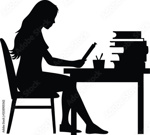 Woman Reading A Book At The Table silhouette