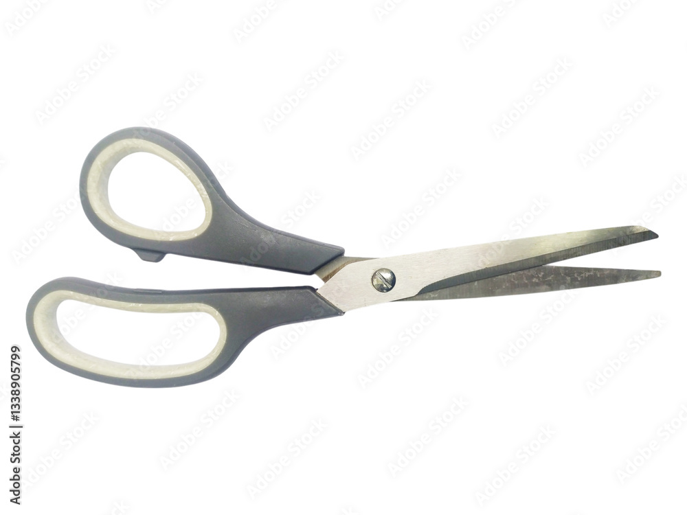 Closeup of grayhandled scissors against a white background. A simple yet versatile image representing cutting, precision, and efficiency. Closeup of grayhandled scissors against a white background. A simple yet versatile image representing cutting, precision, and efficiency.