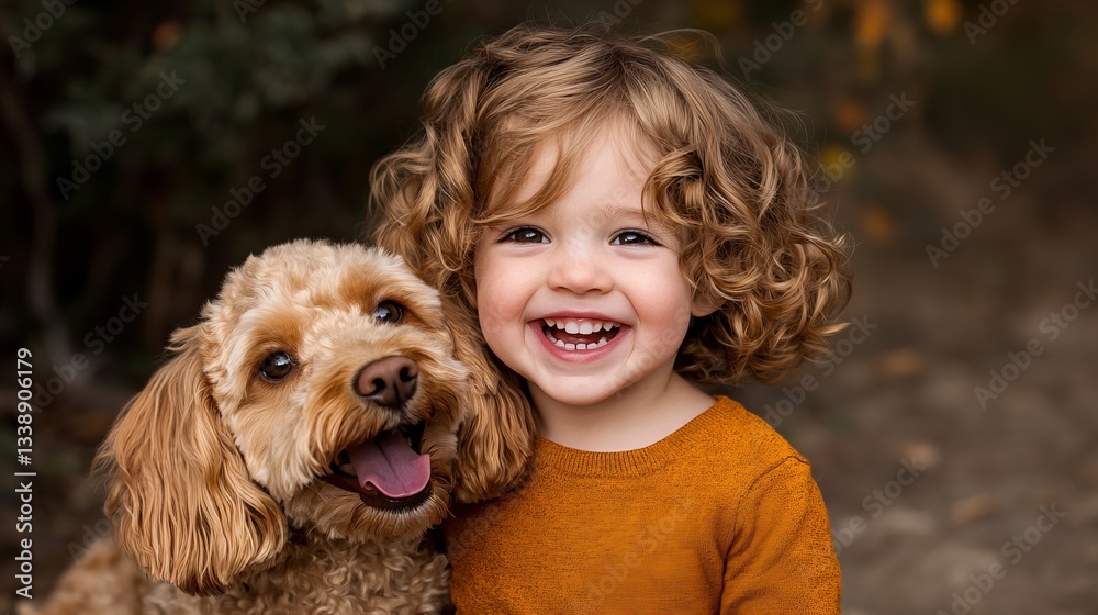 Smiling child poses with a dog showing their teeth, set against a blurry background of foliage in an outdoor setting, creating a heartwarming portrait Smiling child poses with a dog showing their teeth, set against a blurry background of foliage in an outdoor setting, creating a heartwarming portrait