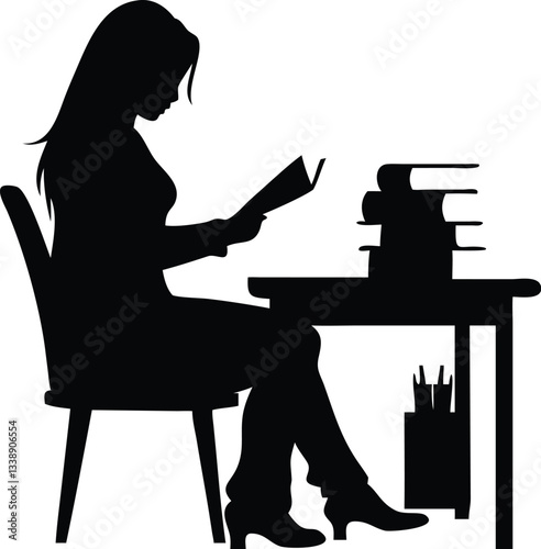 Girl reading book on the chair silhouette