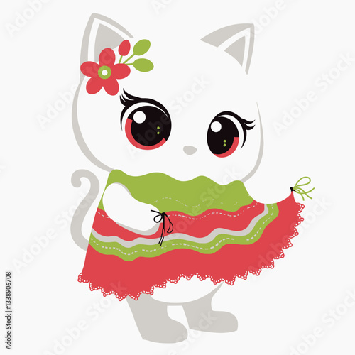 Charming Cat Illustration: A whimsical illustration of a cute, stylized cat, adorned with a flower in its hair and wearing a colorful dress, captures the charm of this delightful character.