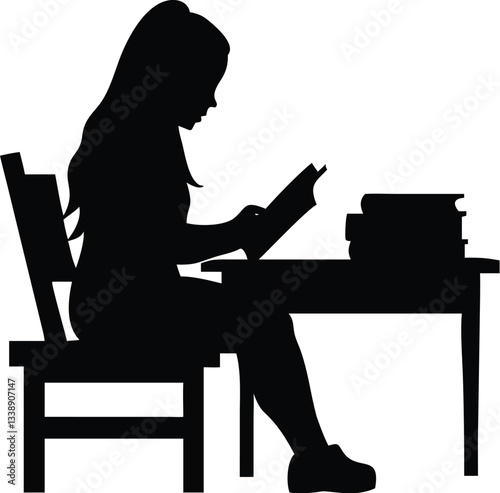 Girl reading book on the chair silhouette