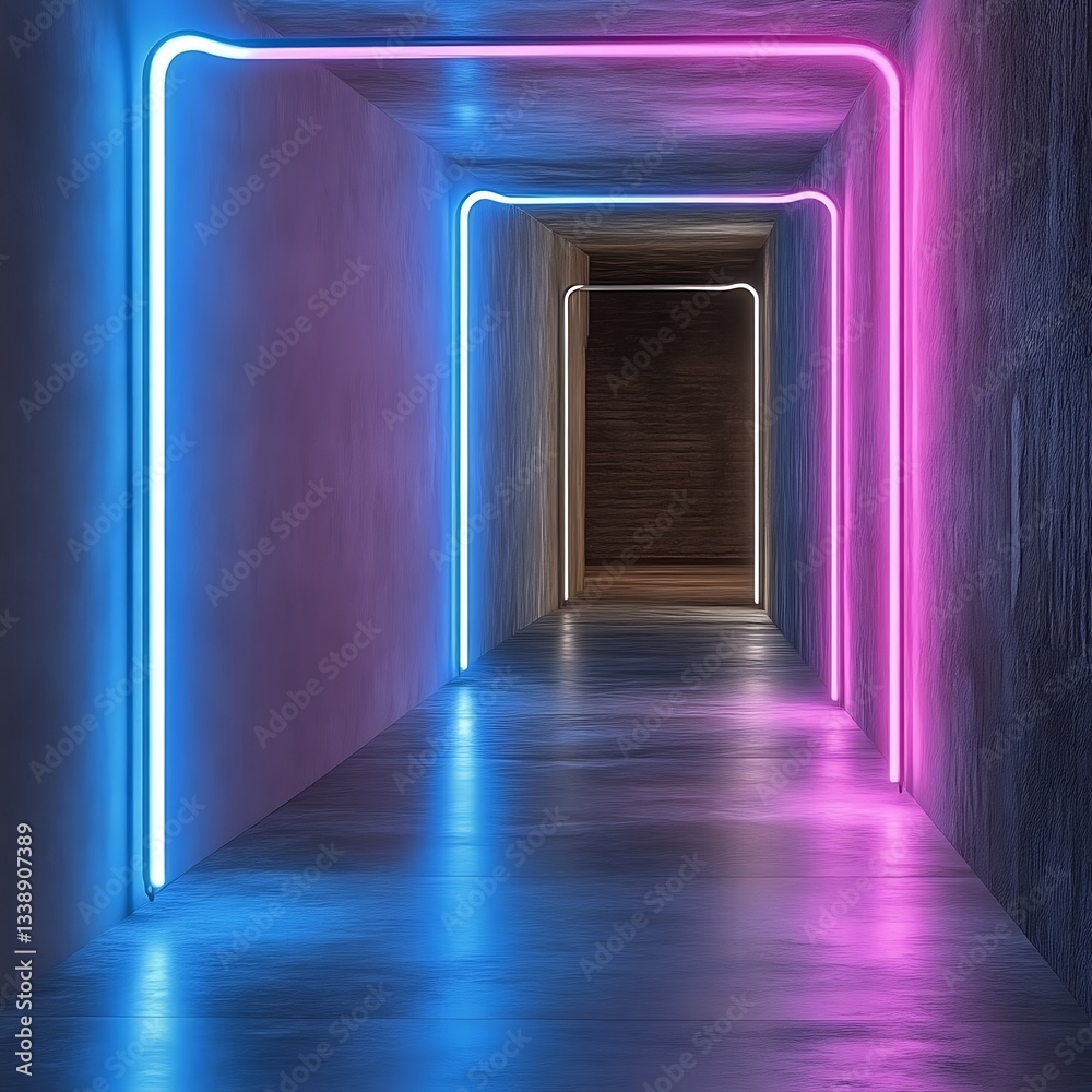 Fototapeta premium Neon-lit corridor, futuristic interior, glowing walls, background door, modern design