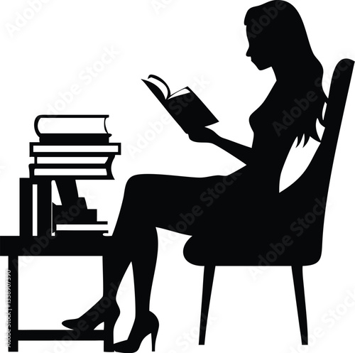 Girl reading book on the chair silhouette