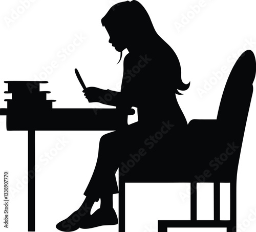 A silhouette of the Girl is sitting at a reading table and studying with a white background
