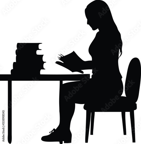A Silhouette Of Girl Is Sitting At A Reading Table And Studying With White Background