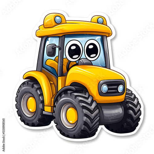 Cartoon yellow tractor driving and smiling, ideal for children's illustrations or agricultural and farming projects