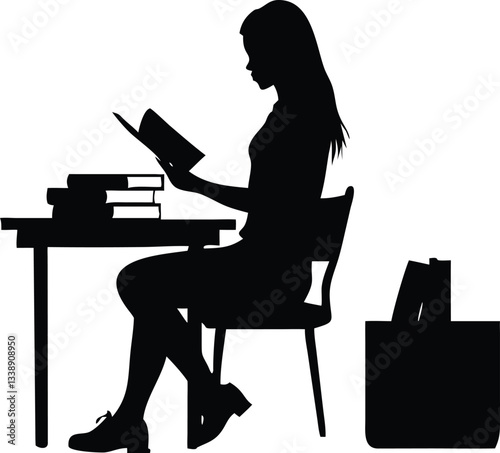 A Silhouette Of Girl Is Sitting At A Reading Table And Studying With White Background