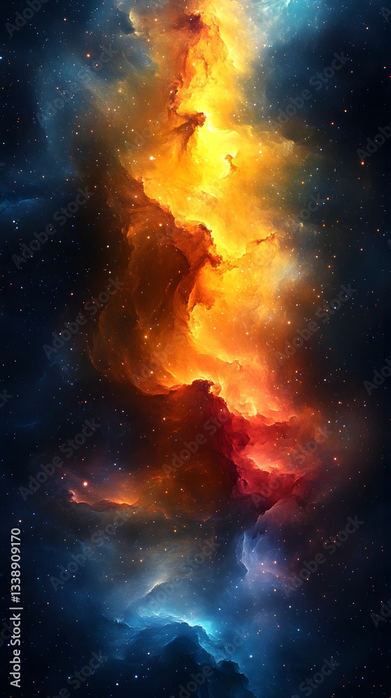 Obraz premium Celestial Inferno: A mesmerizing digital artwork showcases a vibrant nebula ablaze with fiery oranges, reds, and blues, capturing the raw power and infinite beauty of the cosmos.