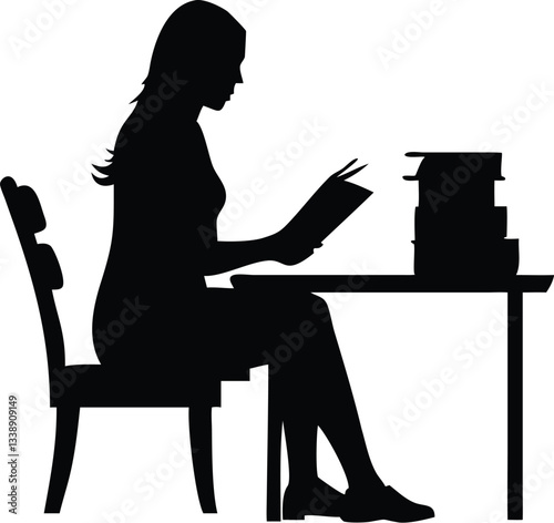 A Silhouette Of Girl Is Sitting At A Reading Table And Studying With White Background