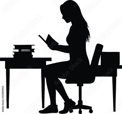 A Silhouette Of Girl Is Sitting At A Reading Table And Studying With White Background