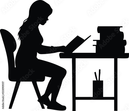 A Silhouette Of Girl Is Sitting At A Reading Table And Studying With White Background